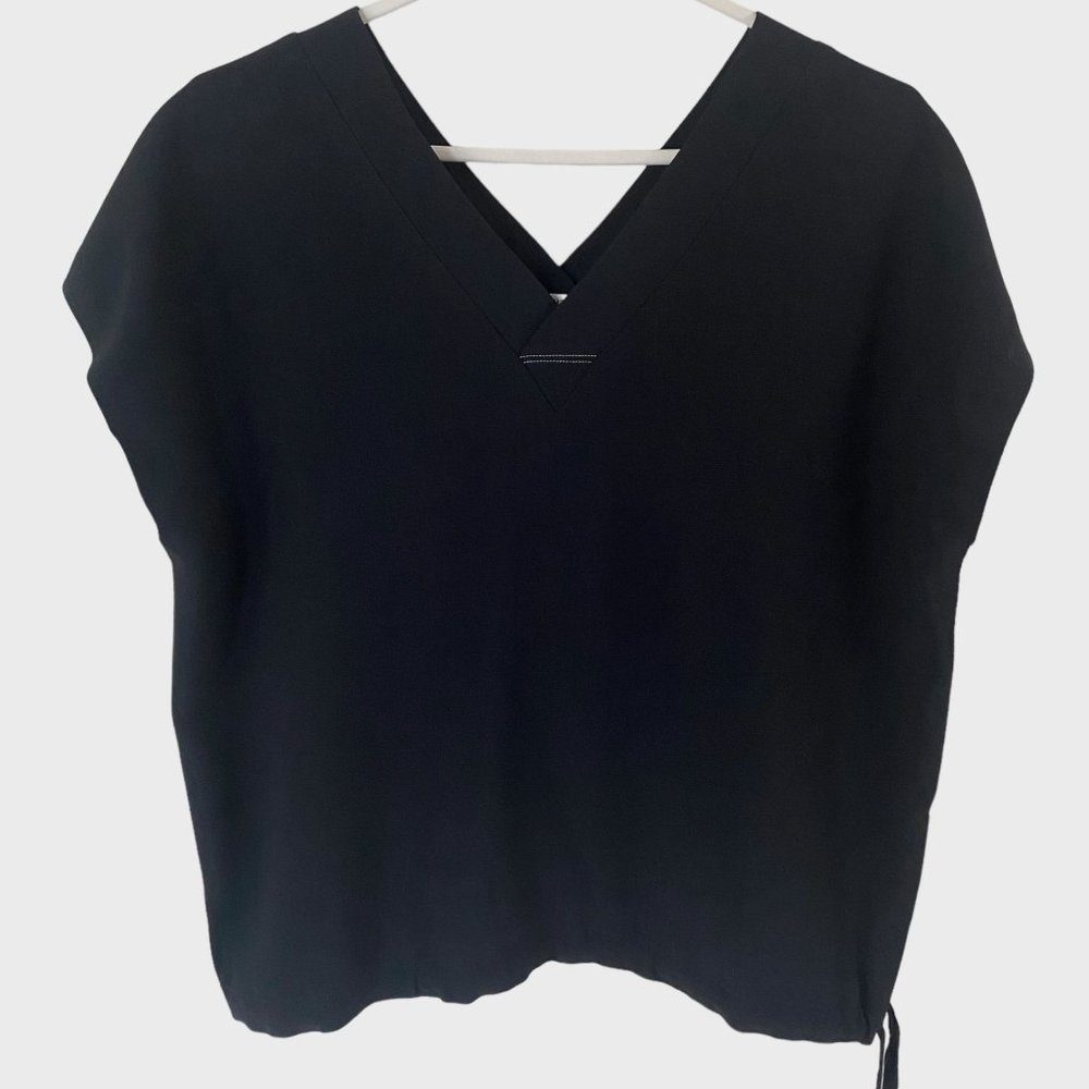 Helmut Lang V-Neck Blouse Womens Medium Black Short Sleeve Boxy Fit Cinch Waist
